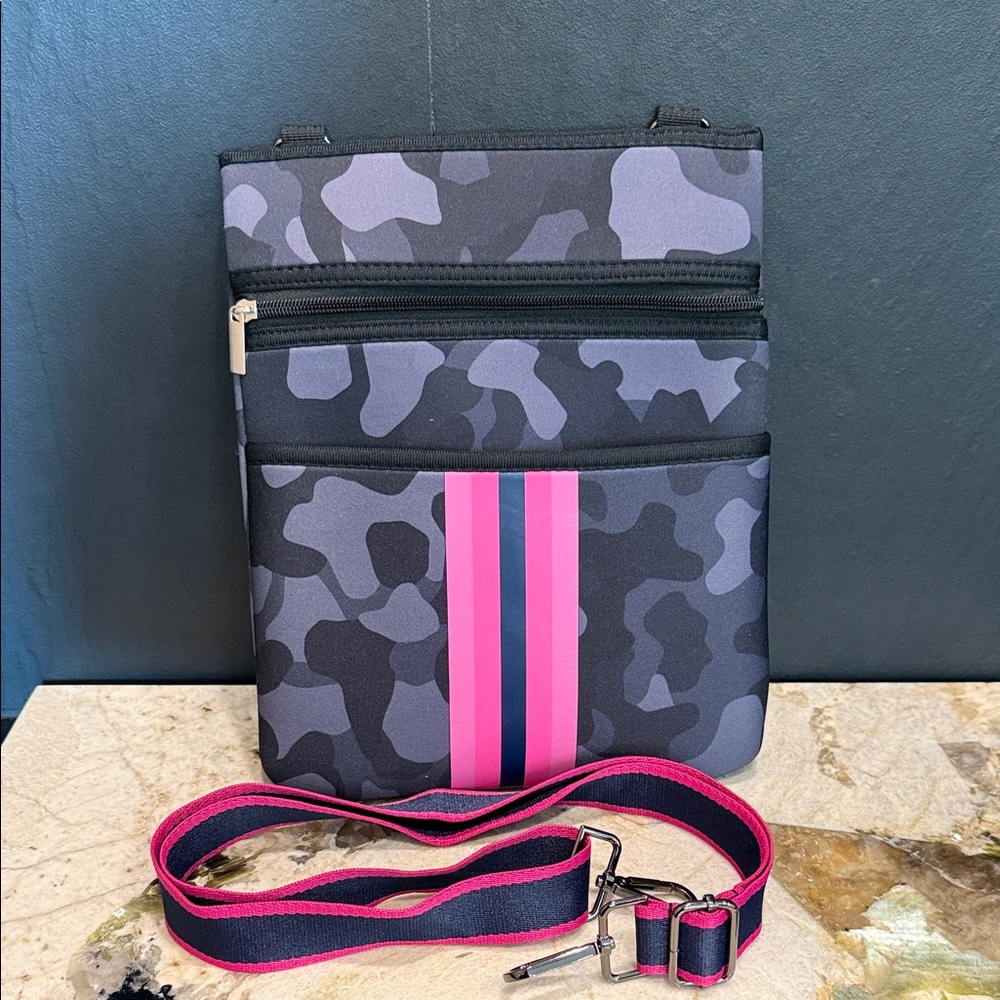 Urban Camouflage Messenger Bag with Pink Stripes